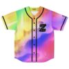 Rainbow aurora baseball jersey front view with black piping and chest emblem, displayed against white