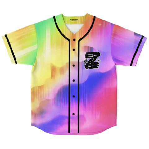 Rainbow aurora baseball jersey front view with black piping and chest emblem, displayed against white