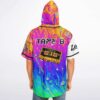 Man modeling Tape B cassette design on melting rainbow hooded jersey back view