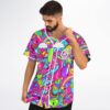 Angled front view of model wearing hot pink candy collage jersey with GOOD VIBES lettering