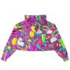 Back view of vibrant cropped hoodie with trippy graphic designs