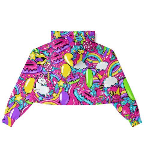 Back view of vibrant cropped hoodie with trippy graphic designs