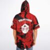 Back view of model wearing red and black swirl hooded jersey with Volpetron text