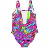 Candy sweets swimsuit back view featuring donuts, ice cream, lollipops, and bold neon dessert graphics