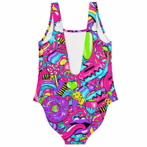 Candy sweets swimsuit back view featuring donuts, ice cream, lollipops, and bold neon dessert graphics