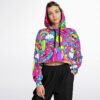 Front view of cropped hoodie with vivid prints and hood