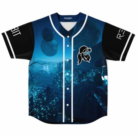 Deep blue alien landscape jersey with glowing flora and planet details, front view