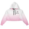 Cropped hoodie with pink ombre design and black drawstrings.