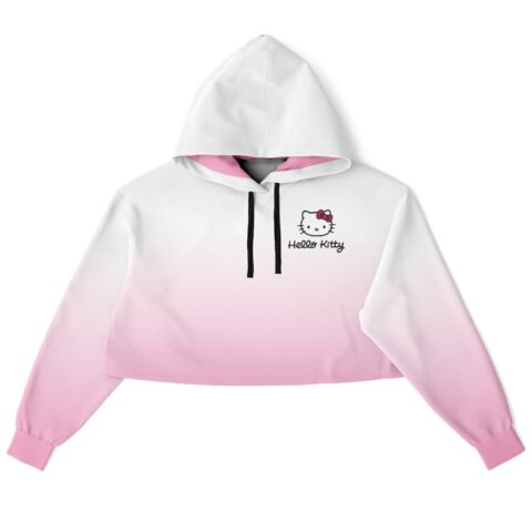 Cropped hoodie with pink ombre design and black drawstrings.