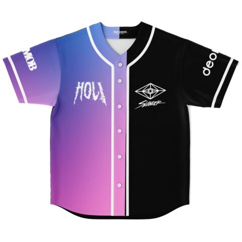 Split blue-to-purple gradient and black geometric block design with HOLY lettering, front view shown flat