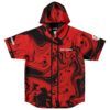 Red and black marbled swirl hooded baseball jersey with Ray Volpe text on the chest