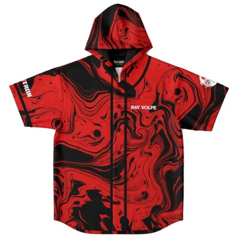 Red and black marbled swirl hooded baseball jersey with Ray Volpe text on the chest