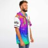 Close-up side profile of psychedelic swirl hoodie with white sleeve panel