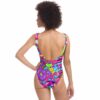 Neon candy collage swimsuit back view showing low back with colorful donuts, frosting, and sprinkles