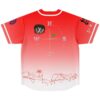 Coral-red gradient jersey back with anime-inspired face, compass lettering, and floral line art, shown flat