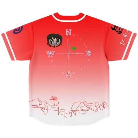 Coral-red gradient jersey back with anime-inspired face, compass lettering, and floral line art, shown flat