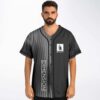 Model wears grey flowing wave rave baseball jersey with worship praying hands patch, front