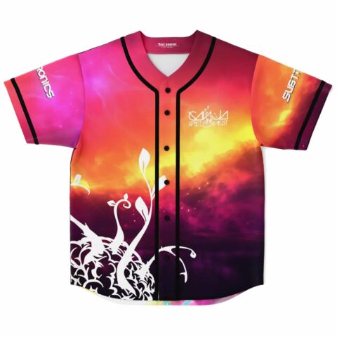 Fiery sunset galaxy front view with white botanical creature silhouette, pink clouds, and black piping