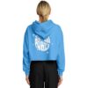 Rear view of model in blue cropped hoodie with flowers
