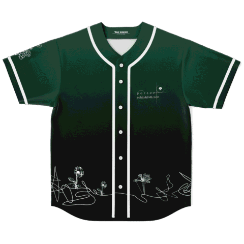 Dark forest hand-drawn jersey front with white flowers, looping botanical linework, and green-to-black shading