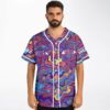 Psychedelic liquid marbled pattern with surreal eyes and white piping, worn in studio, front view