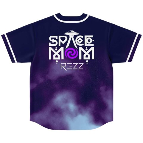 Space Mom baseball jersey back with purple swirl and UFO graphic on navy nebula print