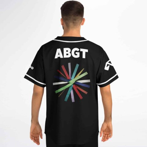 Black multicolor radial burst jersey back with “ABGT” lettering and white-trimmed sleeves, worn view