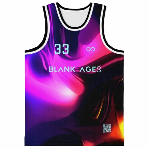 Abstract iridescent swirl basketball jersey front view reads “33,” “BLANK AGES,” and infinity symbol