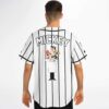 Black-pinstripe cartoon scientist jersey back with bold lettering and colorful cartoon trio, modeled in studio