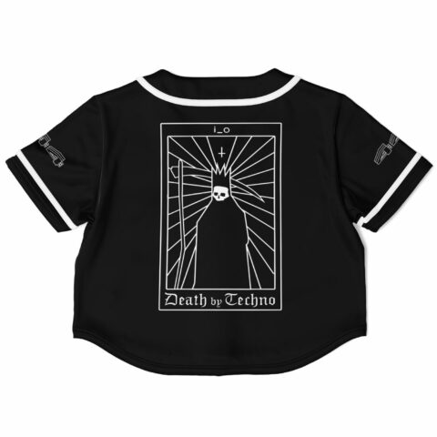 Back view of black cropped jersey featuring bass-inspired graphic theme