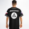 Black rave baseball jersey with text detail, back view