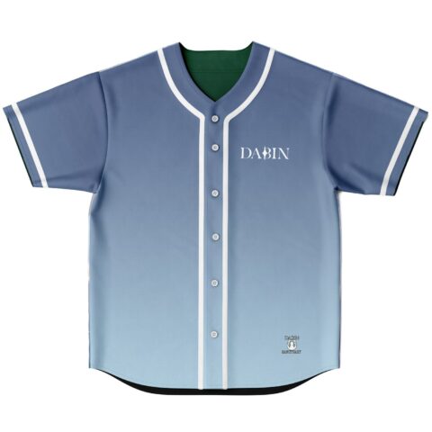 Blue anime-inspired jersey front with white piping and buttons, displayed flat on white