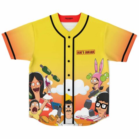 Yellow cartoon-style food scene jersey with “BOB’S BURGER” text, front view on white background
