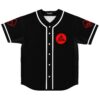 Front view featuring red circular geometric emblem, white piping, buttons, and angular sleeve graphics