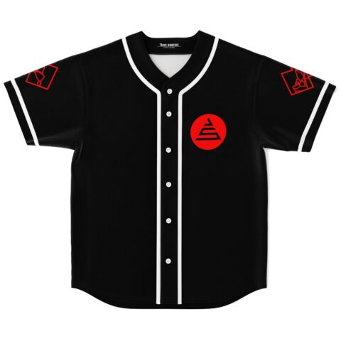 Front view featuring red circular geometric emblem, white piping, buttons, and angular sleeve graphics
