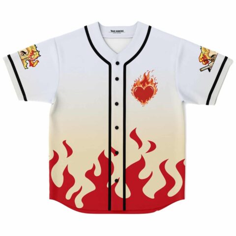 Flame-heart jersey front view with red rising flames, black trim, and illustrated sleeve emblems