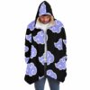 Model wearing black hooded cloak with lavender cloud print and plush cream lining