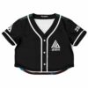 Black rave cropped baseball jersey with white accents and a centered logo