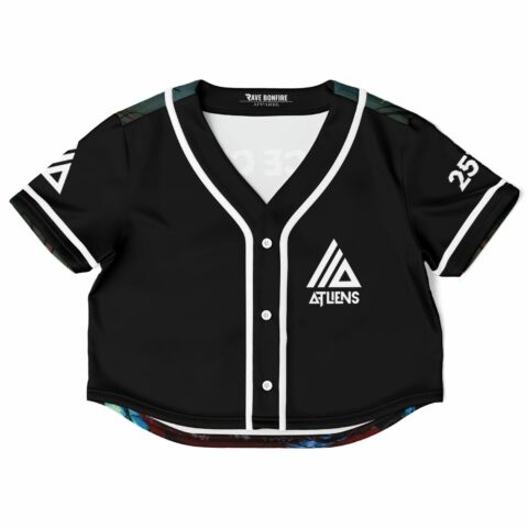 Black cropped baseball jersey with white accents and centered logo