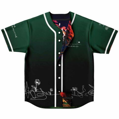 Reversible jersey front shows green-to-black gradient, white botanical linework, and colorful psychedelic lining