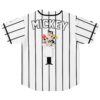 White black-pinstripe jersey back, bold lettering, cartoon scientist and three colorful girls, flat lay