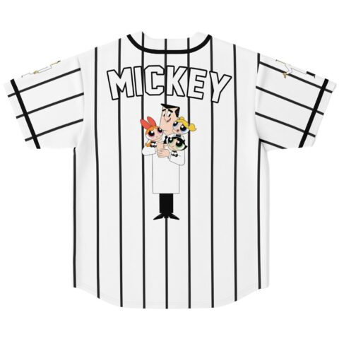 White black-pinstripe jersey back, bold lettering, cartoon scientist and three colorful girls, flat lay