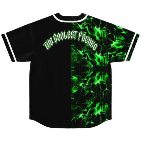 Neon green marbled baseball jersey back view, split black design, “THE WILL BEAT DREAMS”