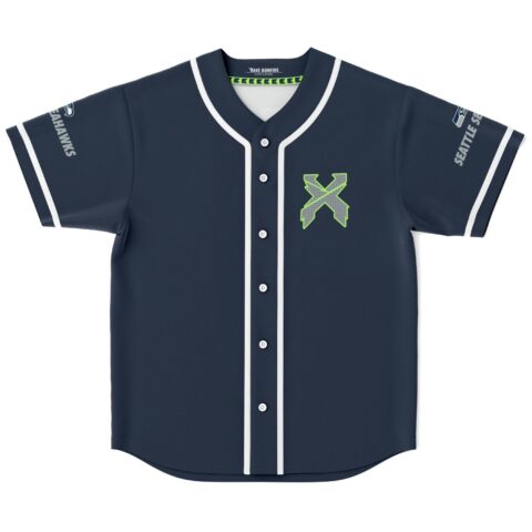 Navy bass-inspired baseball jersey with neon green crossed-axes emblem and white piping, front view
