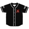 Black baseball jersey front with red crossed-axes elephant emblem and contrasting white piping, flat-lay view