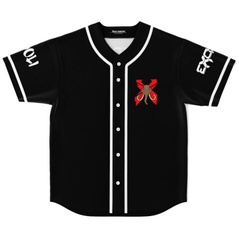 Black baseball jersey front with red crossed-axes elephant emblem and contrasting white piping, flat-lay view