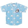 Front view of light blue wave pattern jersey with white clouds and “BASS SLAYER” badge