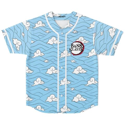 Front view of light blue wave pattern jersey with white clouds and “BASS SLAYER” badge