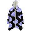 Front view of black cloak featuring repeated lavender stylized cloud print and pointed hood