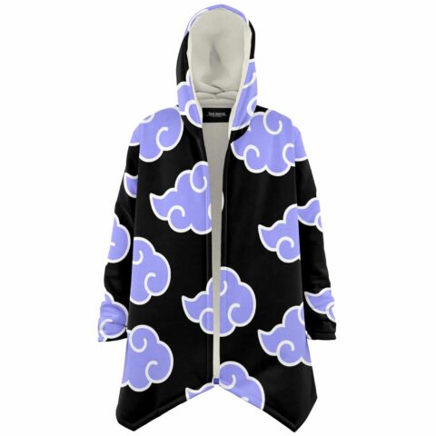 Front view of black cloak featuring repeated lavender stylized cloud print and pointed hood